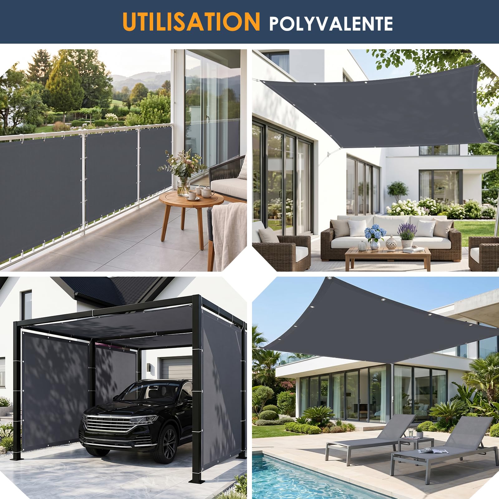 Żagiel przeciwsłoneczny 2 x 2 m z poliestru, wodoszczelny, z ochroną przed promieniowaniem UV | szary, 2 x 2 m, kwadratowy, poliester 185 g/m², powlekany PU, 400 kPa, ochrona przed promieniowaniem UV, balkon i taras