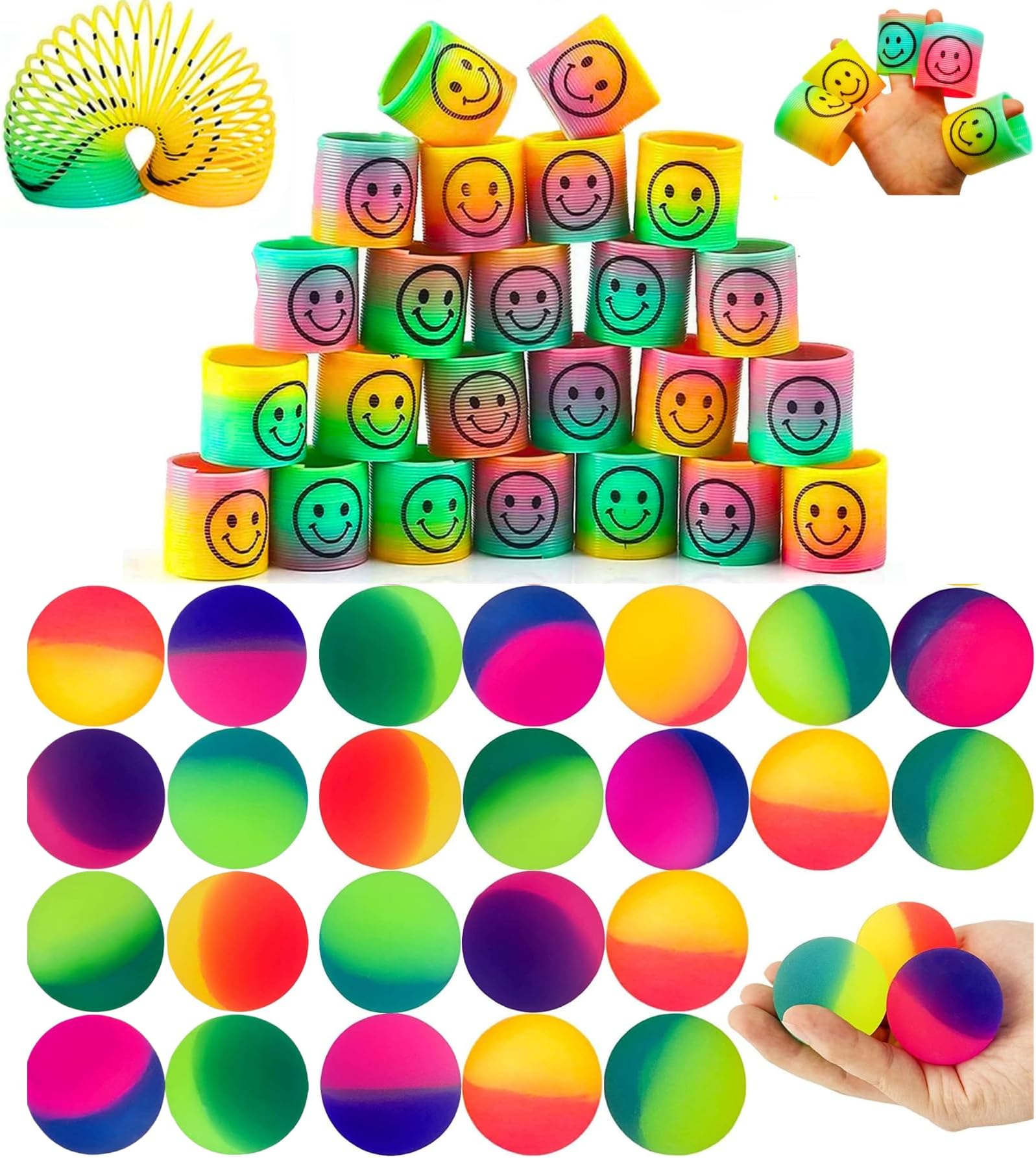 Party Favors For Kids (12 Bouncy Balls & 12 Smiley Face Rainbow Spring) , party supplies Bouncy Balls For Kids Return Gifts For Birthday Party and Colorful Rainbow Smiley Face Rainbow Spring