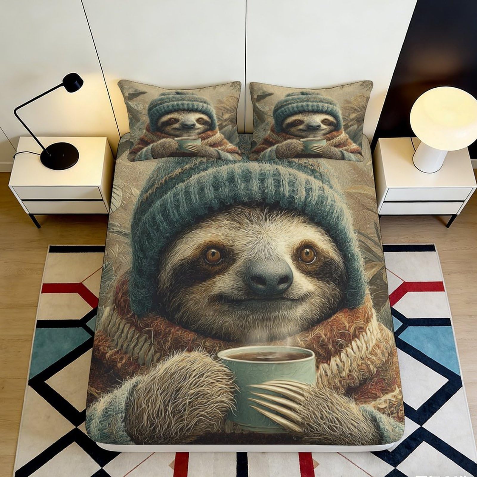 3D Printed Cute Sloth Fitted Sheet Microfiber Deep Pocket Non-slip Bedroom Bedding Full Wrap Sloth Mattress Fitted Cover for All Ages 160x200x25cm