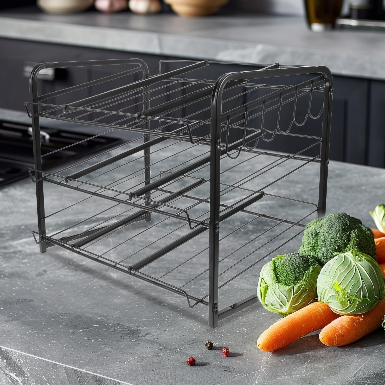 Toyvian 3 stöckiger Edelstahl Vorratskammer Organizer für Küchen Snacks und Konserven Stapelbar und Verstellbar für Verschiedene Dosen für Speisekammer und Küchenschrank