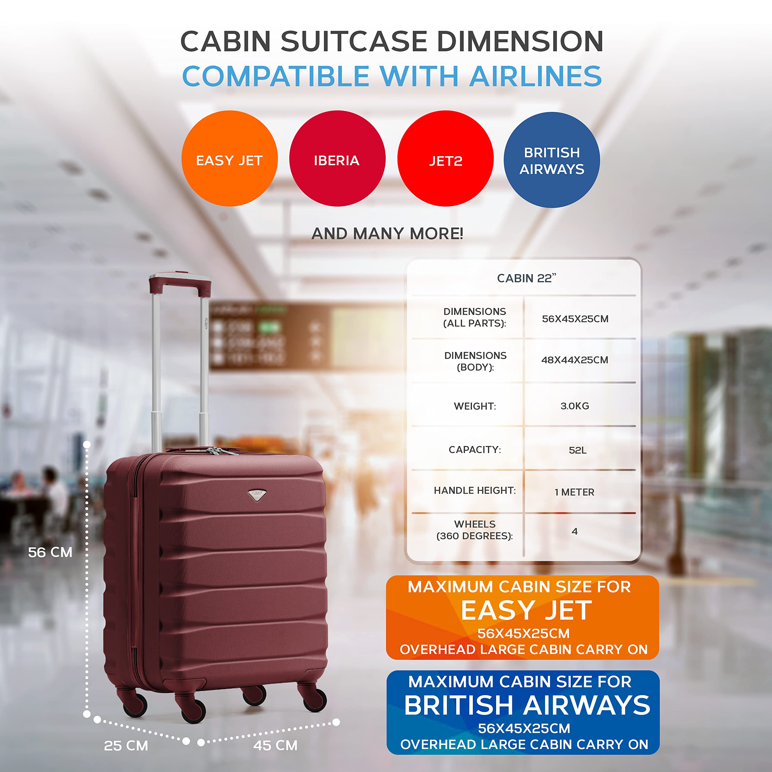 Flight Knight Set of 2 Lightweight 4 Wheel ABS Hard Case Suitcases Cabin Carry On Hand Luggage Approved for Airlines Including British Airways & Maximum Size for easyJet Large Cabin Bag 56x45x25cm — view 3