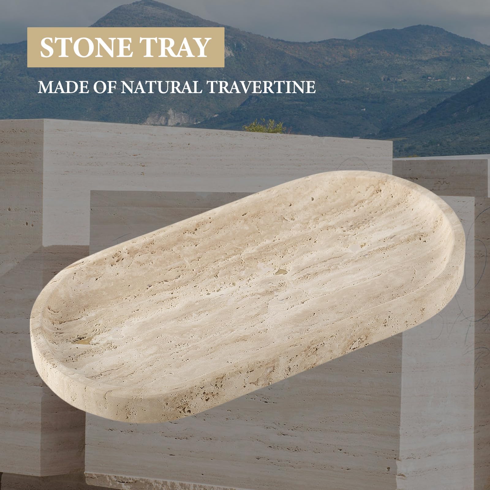 Koville Plateau en marbre naturel pour comptoir de salle de bain, 25,4 x 12,7 cm, plateau de rangement en marbre travertin pour parfum, cosmétiques, bijoux, plateau de coiffeuse en pierre pour la