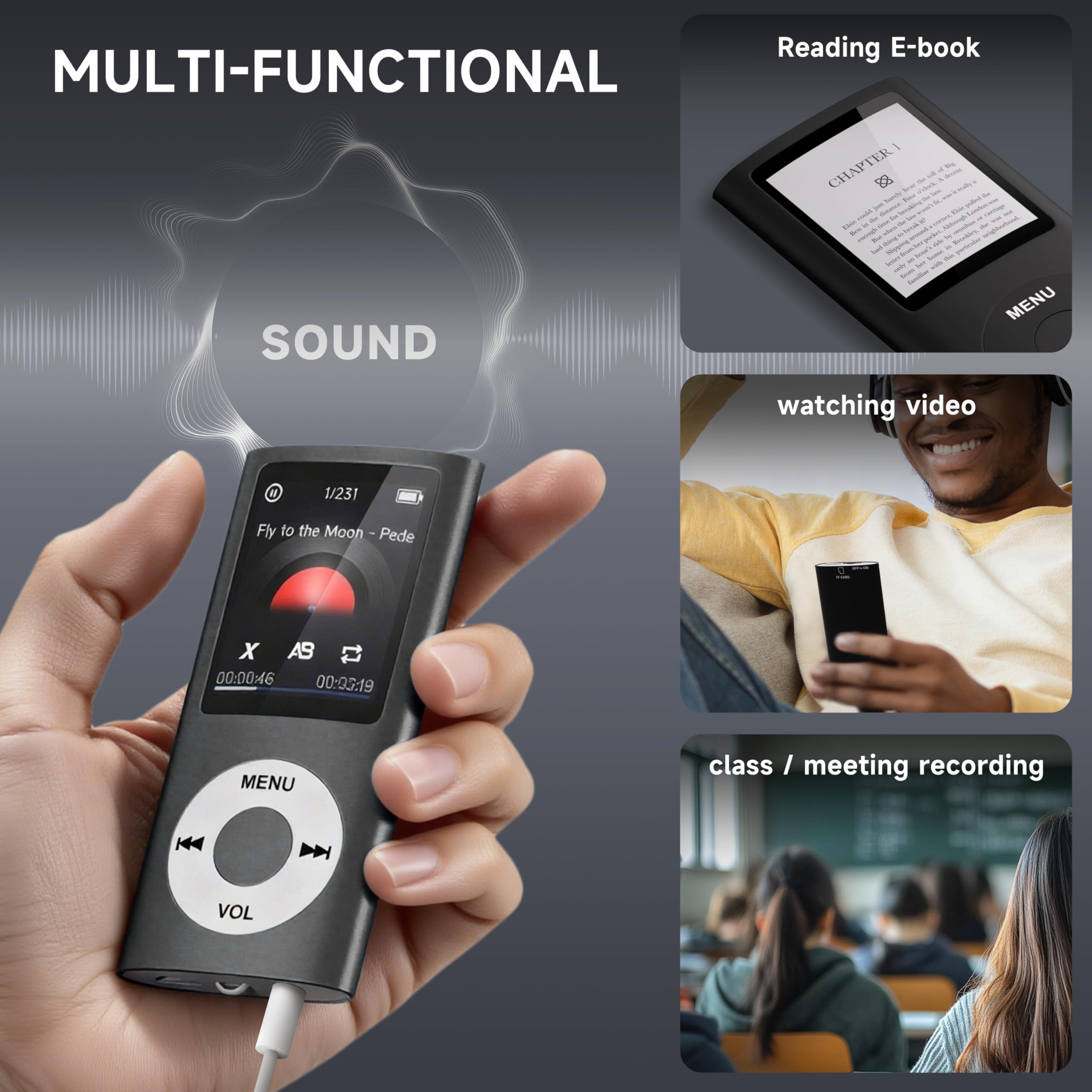 Reproductor de MP3 con Bluetooth 5.2, reproductor de música portátil con tarjeta de memoria de 32 GB, auriculares estéreo, grabadora de voz, vídeo, visor de fotos, libro electrónico para niños, regalo
