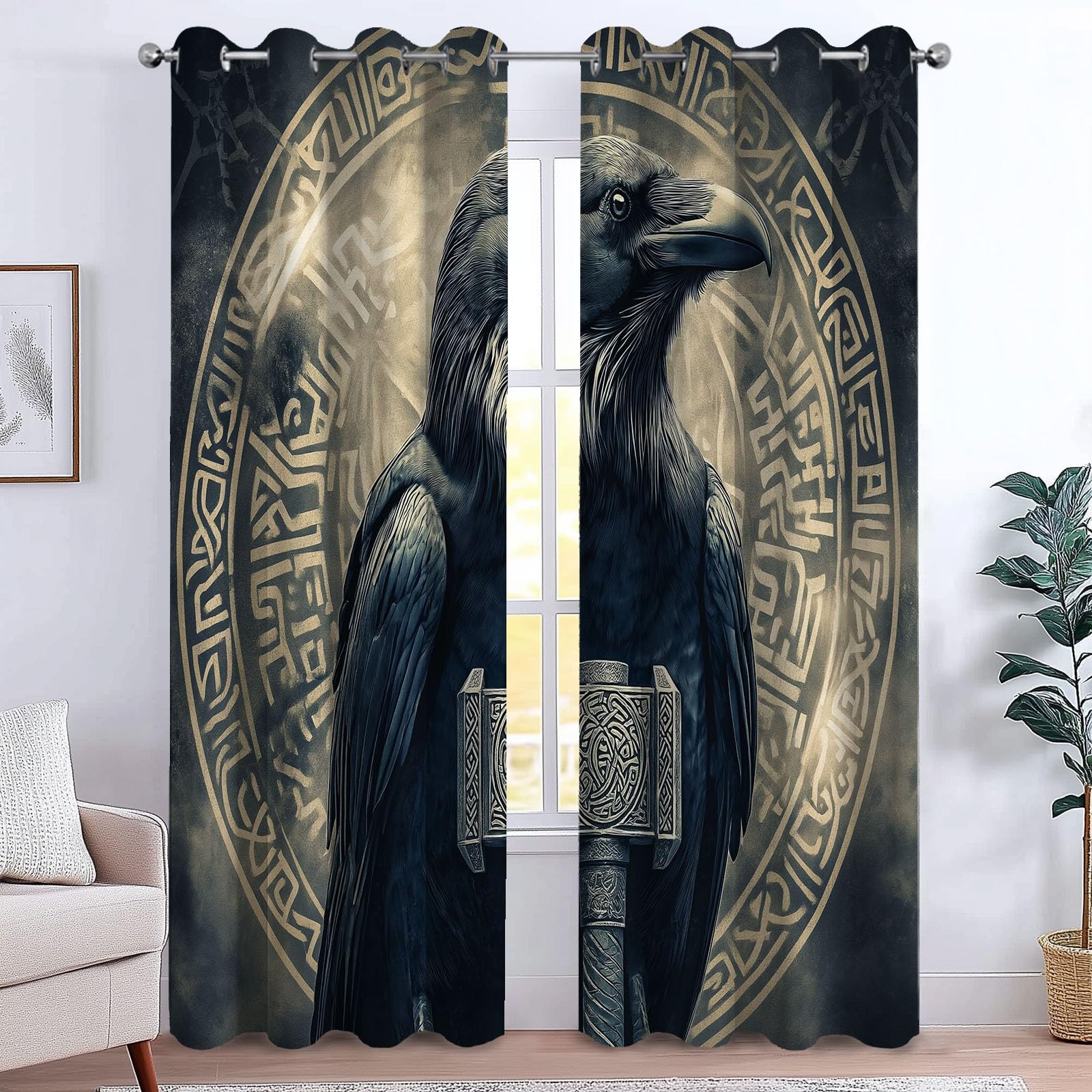CozyRest Blackout Curtains Black Crow In Norse Mythology Pattern for Bedroom Living Room, Curtains Eyelet Thermal Insulated, Ring Top Room Darkening Window Drapes, 55 x 102 inch 2 Panels