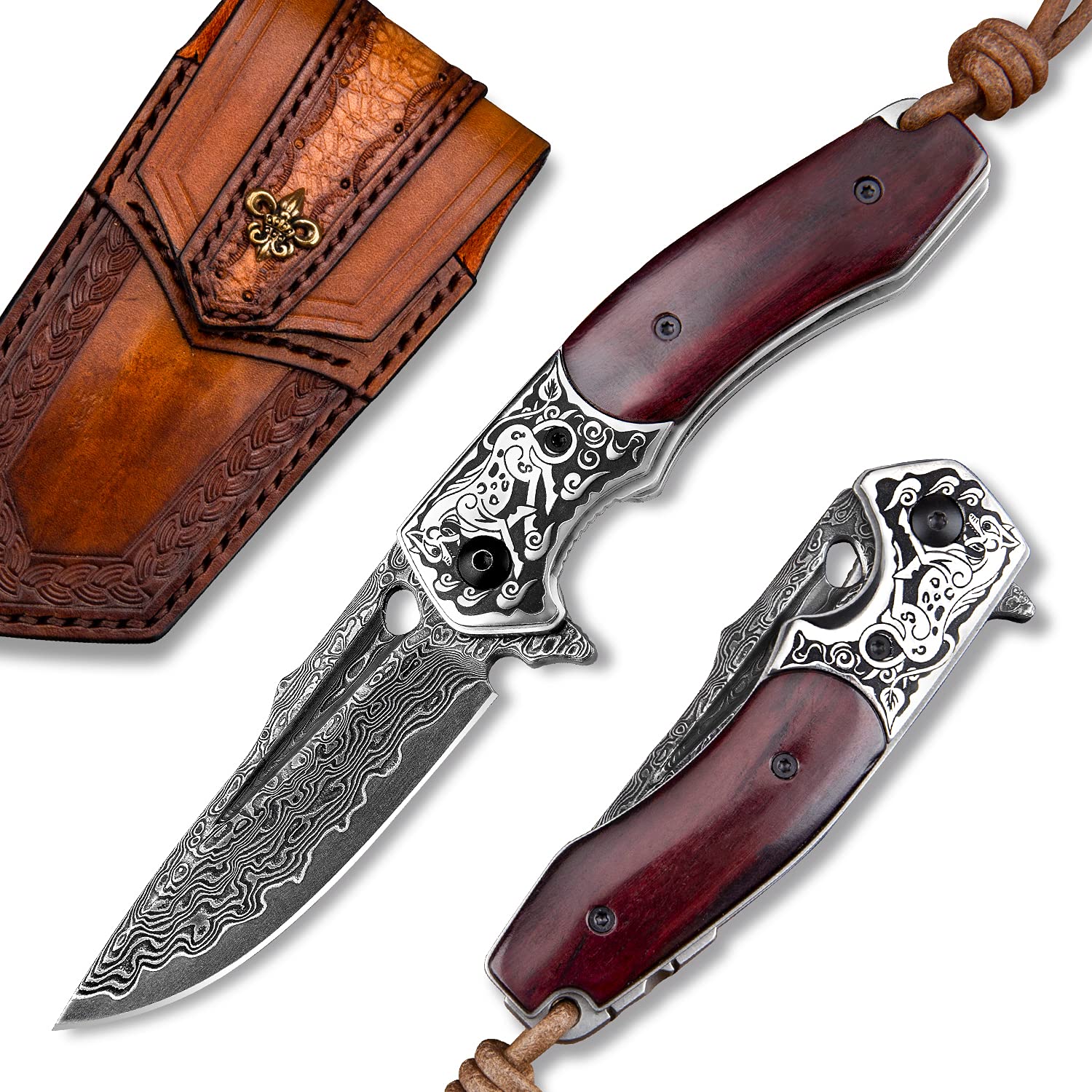 TURENZ Folding Tactical Knife with 3inch Handmade Damascus Steel Blade, Wooden Handle, Liner Lock, Sheath, EDC Pocket Knife for Men