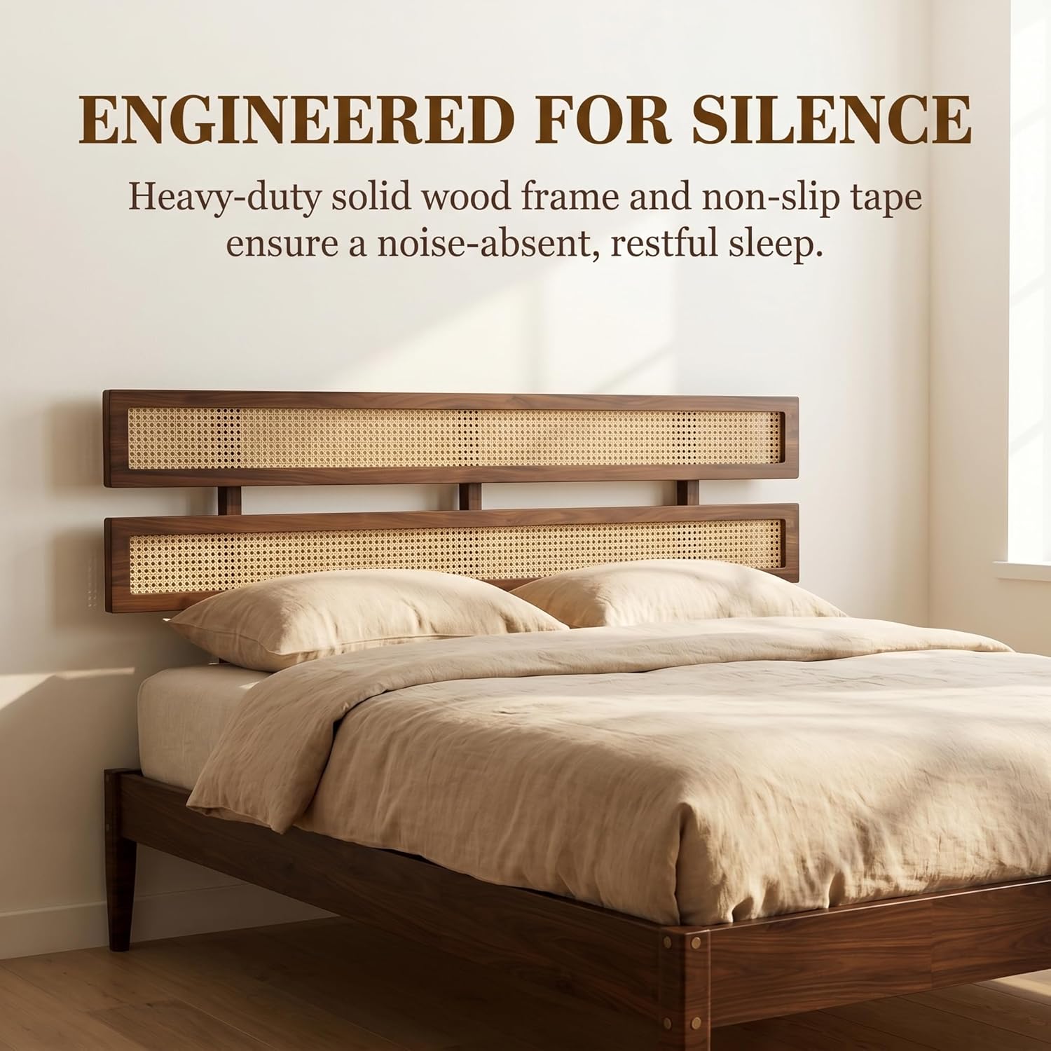 Karl home Bohemia Wood Bed Frame, King Size Platform Bed with Rattan Slatted Headboard, Mid-Century Retro Style, Noise-Free Slat Support, No Box Spring Needed, for Bedroom, Guestroom, Walnut Brown