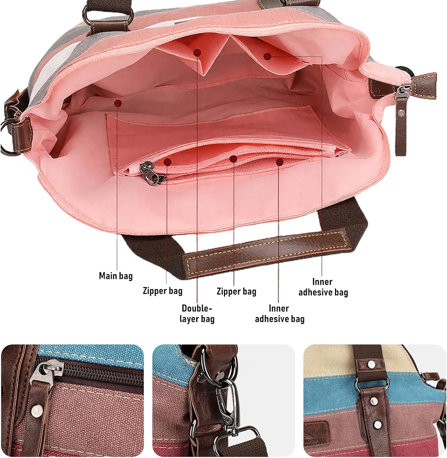 Canvas Messenger Bag, Multicolor Striped Pattern, Shoulder Crossbody Purse with Multiple Pockets, 14x8.7x6 Inches - Image 4