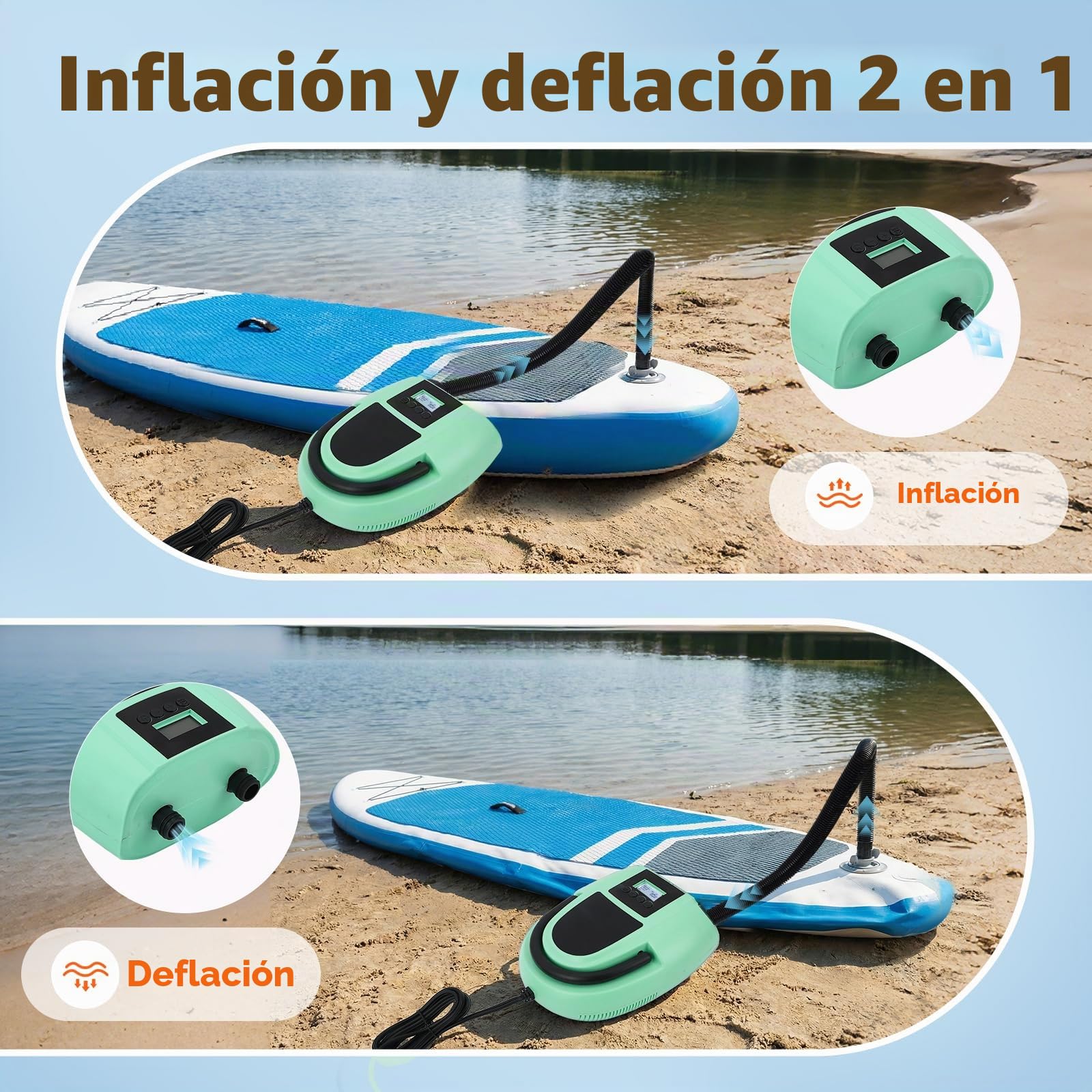 Bomba Eléctrica para Sup, Bomba de 12V con Apagado Automático, Presión Ajustable de 20PSI y Pantalla Digital, Bomba de Aire Eléctrica con 7 Boquillas para Botes, Colchones