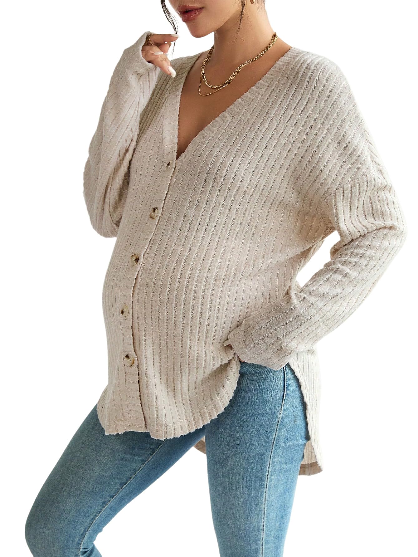 COZYEASE Womens Maternity Tops Long Sleeve Ribbed Knit Button Down Shirts Drop Shoulder V Neck Fall Clothes
