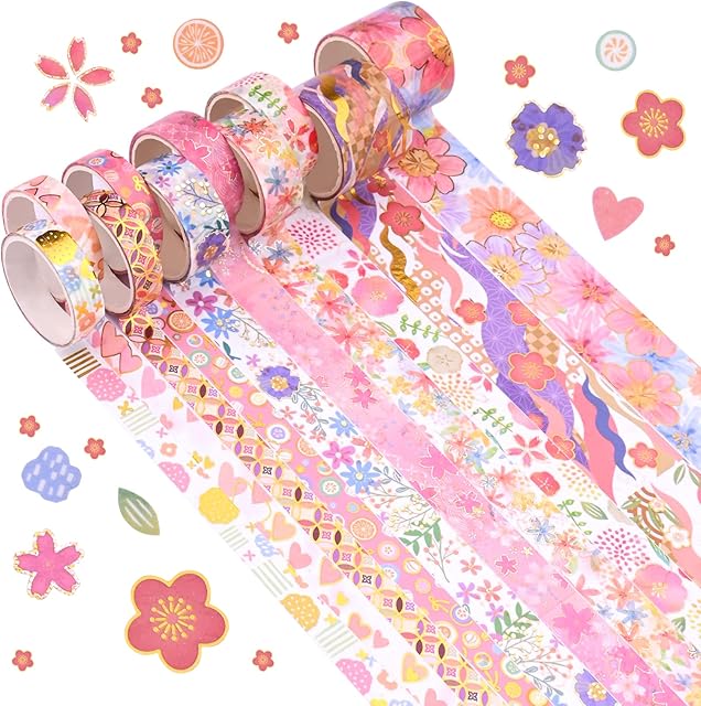 10 Rolls Washi Tape Set Pink Floral Decorative Tape Gold Foil Washi Masking Tape Aesthetic Pastel Scrapbook Tape Japanese Washi Tape for Scrapbooking Art Craft Gift Wrapping Decoration