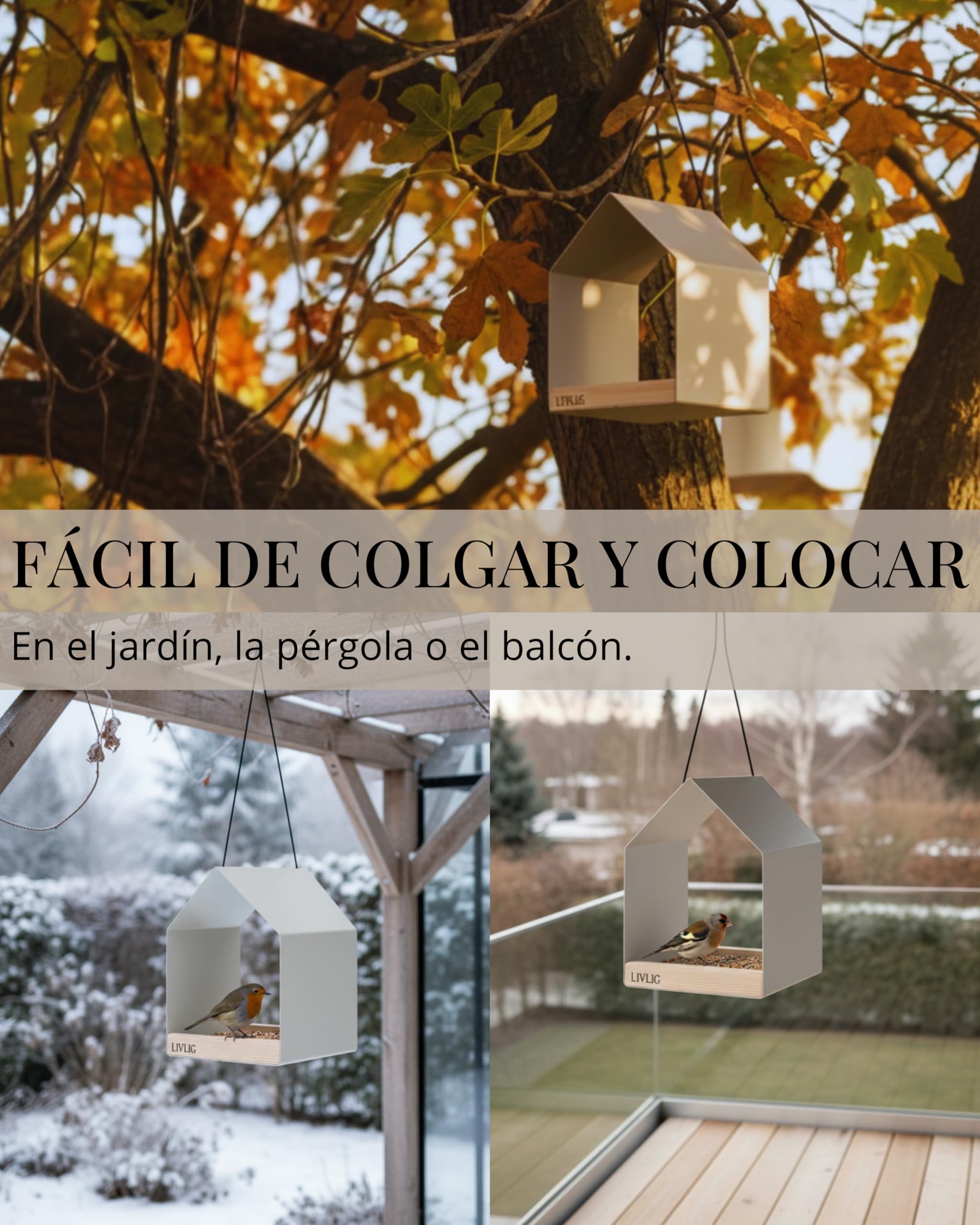 LIVLIG Pajarera de metal – Comedero para pájaros y bebedero para pájaros 2 en 1 para colgar, resistente a la intemperie para pájaros todo el año, balcón y jardín, diseño moderno, Greige