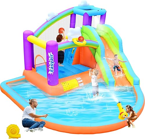 Casa inflable de rebote para niños, castillo animoso de 12.8 pies x 12 pies, piscina de nube arcoíris, tobogán, puente, pared de escalada, 2 aros de