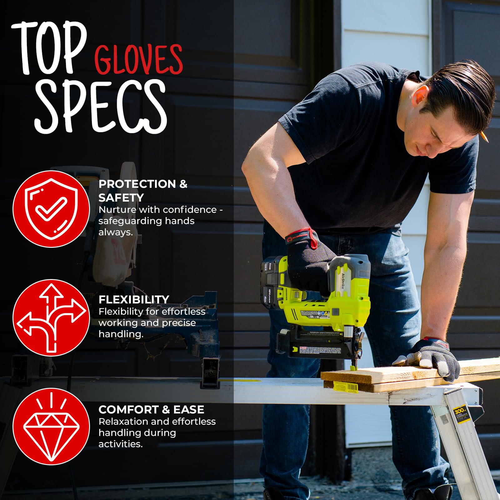 Guantes de trabajo de seguridad Guantes de jardinería resistentes para hombres a prueba de enchufe acolchado protección de palma pantalla táctil transpirable constructor (Black, L)