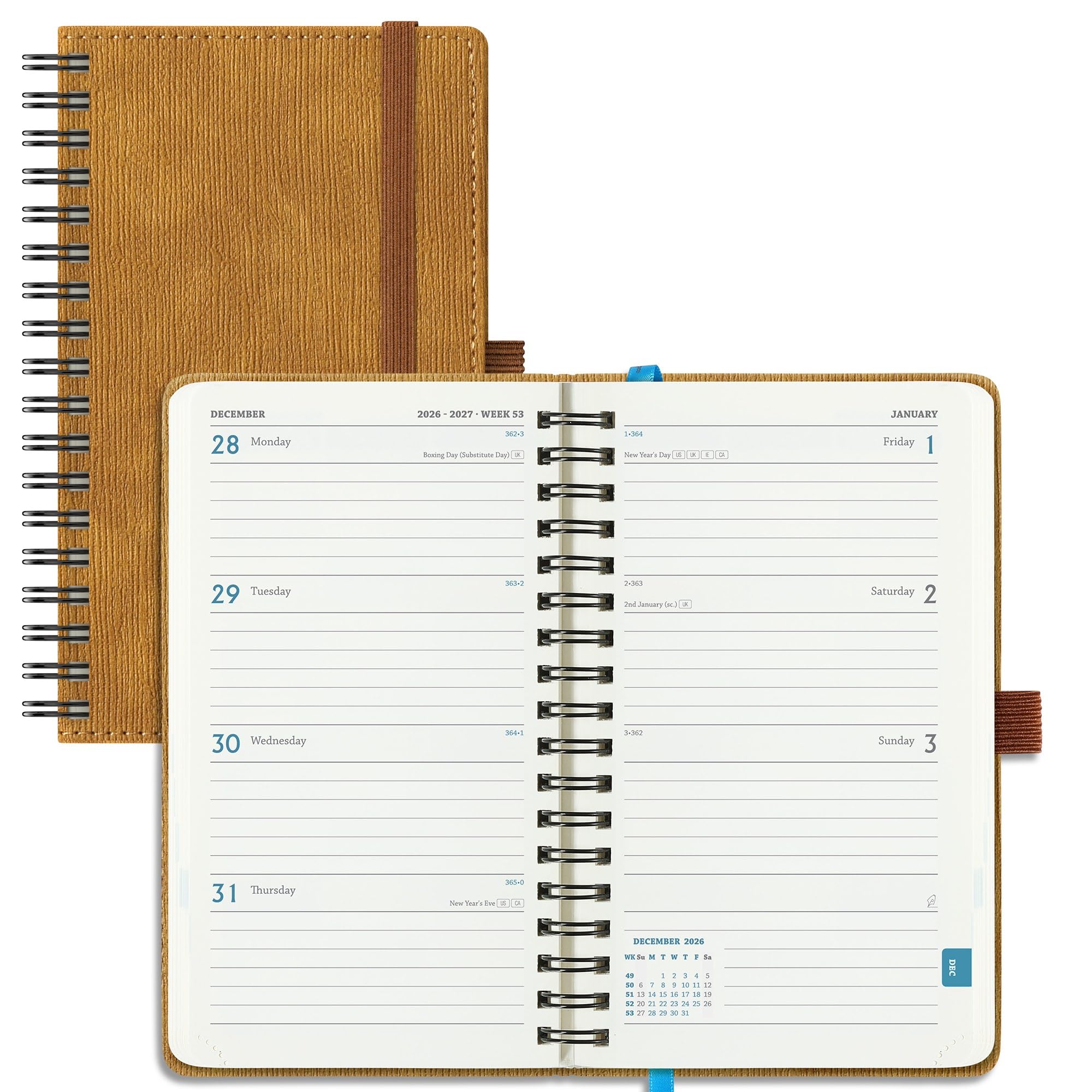 IN-LUXPRO Academic Diary 2026-2027 Week to View Pocket A6 (16.4x9.5 cm) Spiral 18 Months (Jul'26 - Dec'27) Mid Year Diary 26/27 Weekly Planner with Timeslots& Month Tabs, PU Leather Caramel