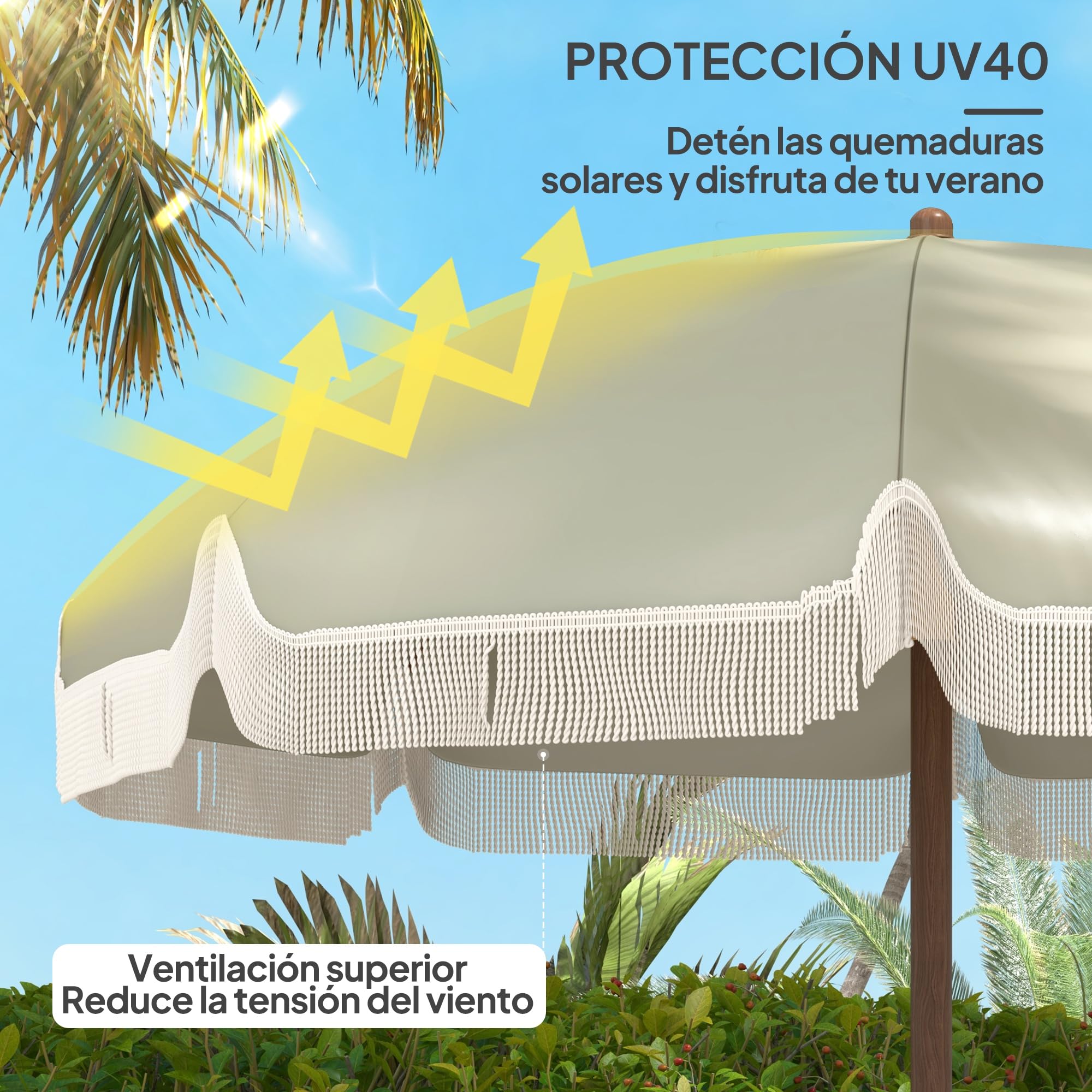 Outsunny Sombrilla de Playa Grande con Flecos Ø190 cm UV40