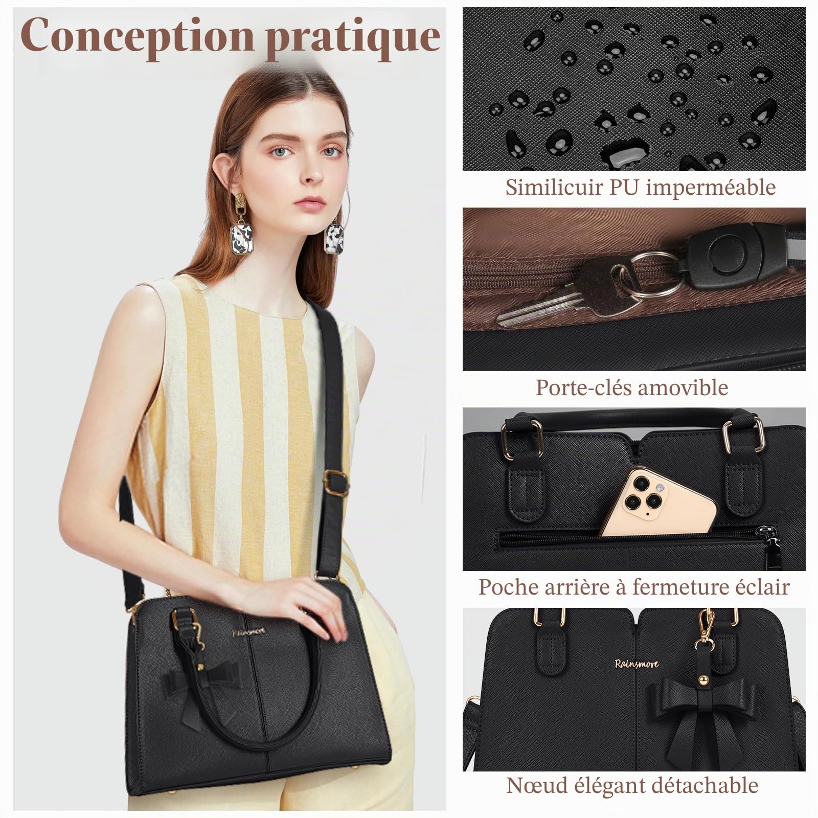RAINSMORE Sac à Main Femme Cuir Sac à Main Portés Sacs Bandoulière Universitaire Imperméable avec Poche Antivol Sacs Fourre Tout avec Arc pour Travail Shopping École Voyage