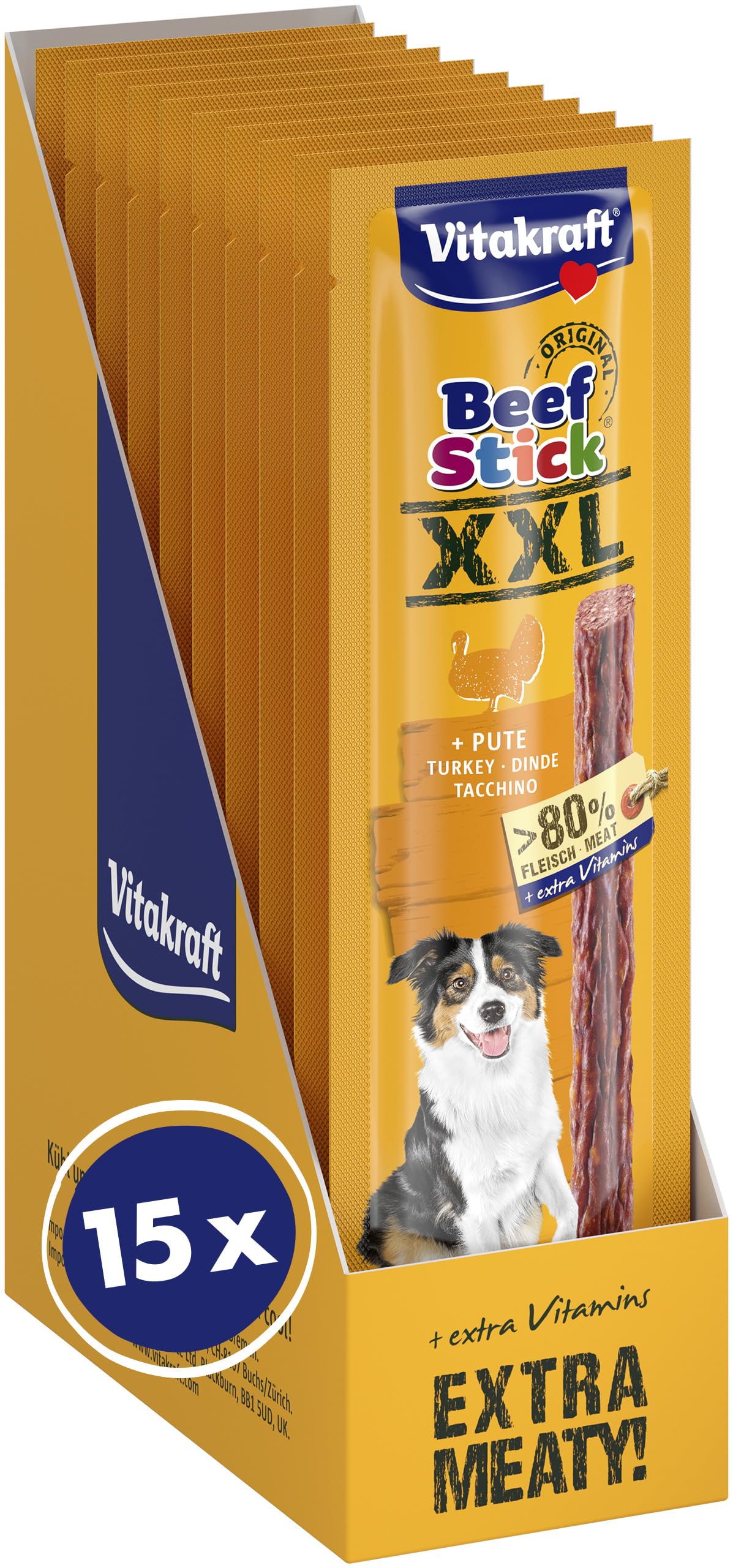Vitakraft Beef Stick XXL, Hundeleckerli, Fleischstick Pute, Hunde Trainingsleckerli, ohne Zusatz von Zucker (15x 30g)