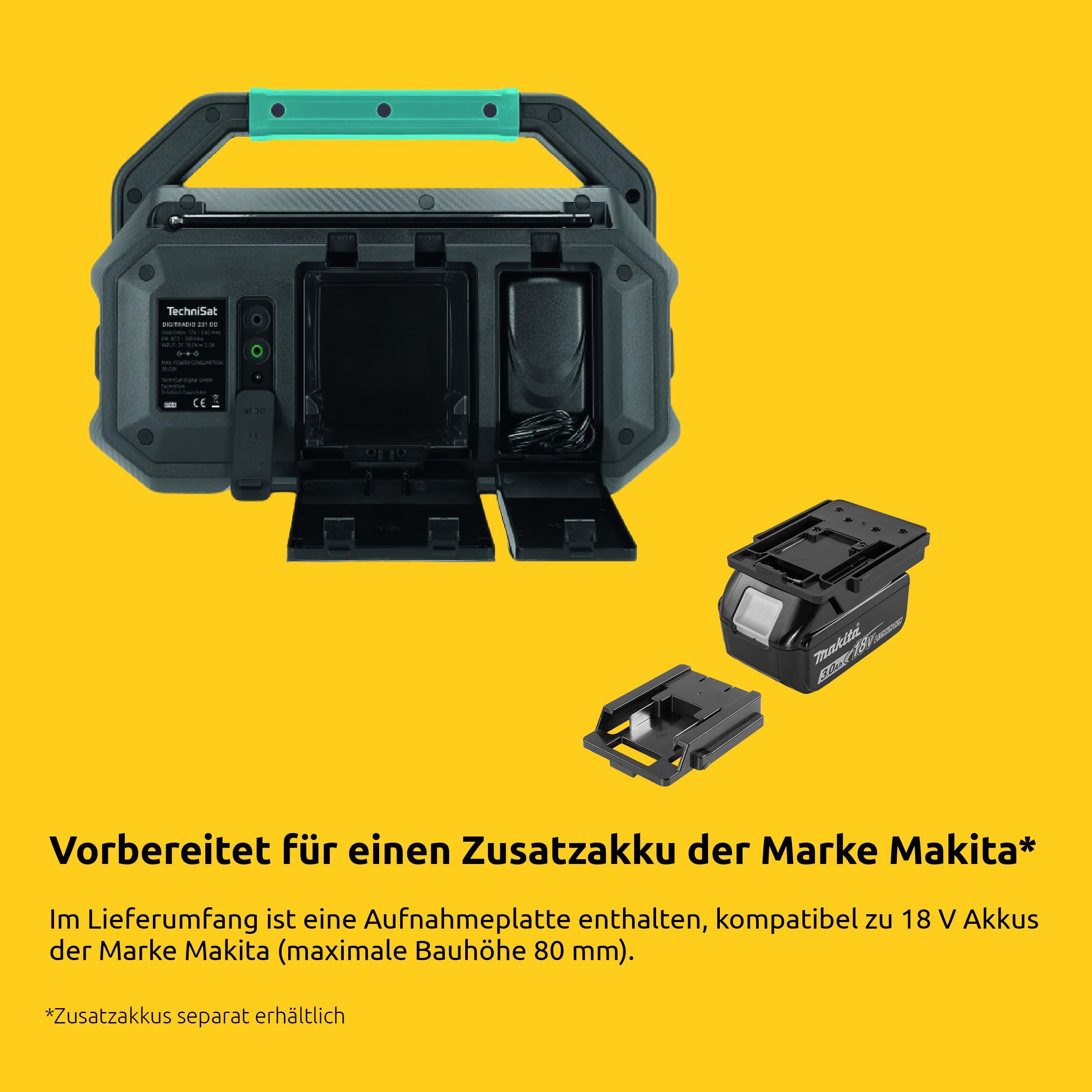 TechniSat Viola 231 OD – Radio Compatible con batería Makita (Dab+, FM, AUX in, Bluetooth, IPX4 a Prueba de Salpicaduras, 2 Altavoces estéreo de 15 W)