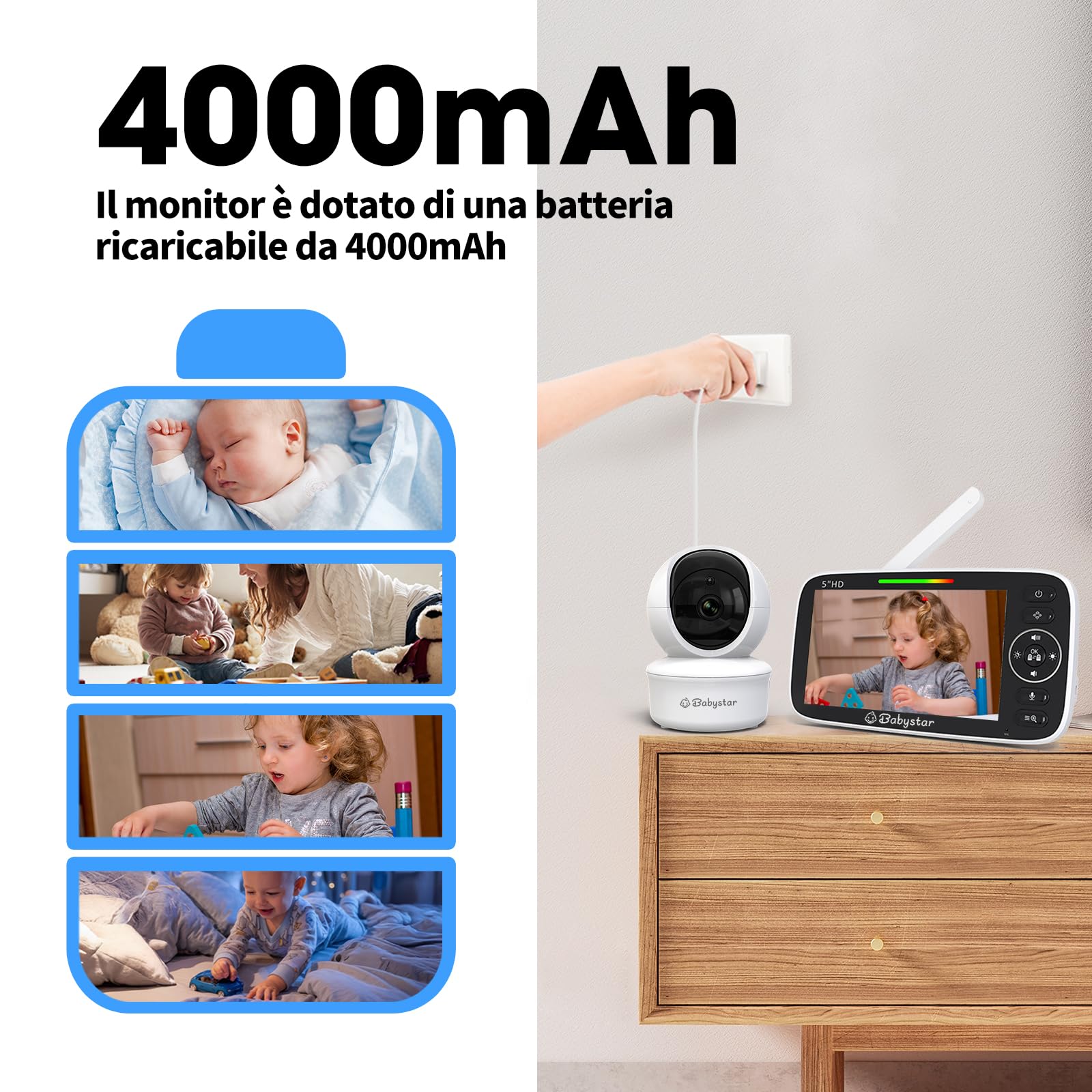 Babystar Babyphone con fotocamera da 5 pollici, 720P, video HD, senza Wi-Fi, con fotocamera e audio, batteria da 4000 mAh, funzione vox, sensore di temperatura, visione notturna, audio a 2 vie