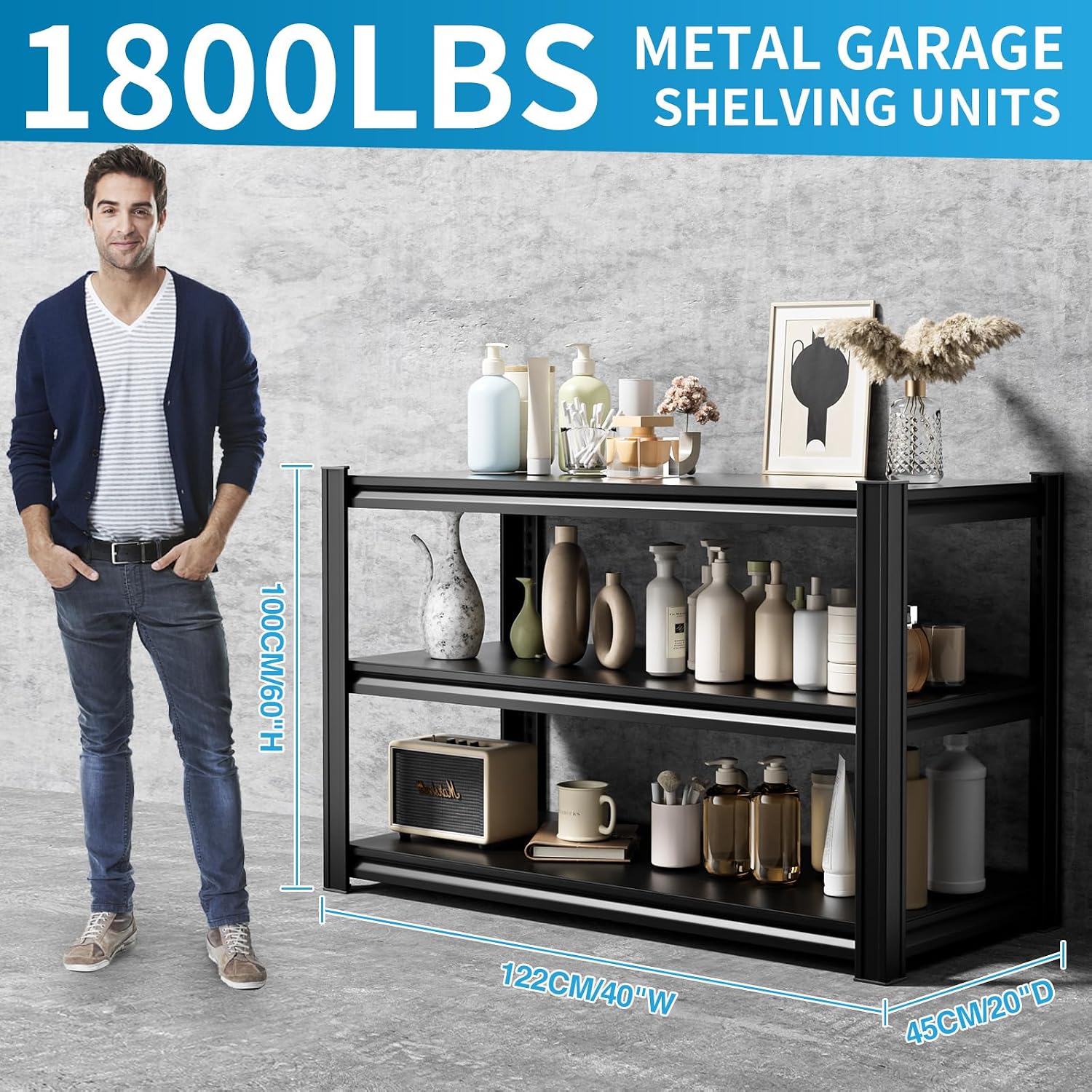 3-Tier 48" W X 17.7" D X 40" H Garage Storage Shelves 1800LBS Garage Shelves Heavy Duty Adjustable Units Rack Metal Utility Shelf(Black)