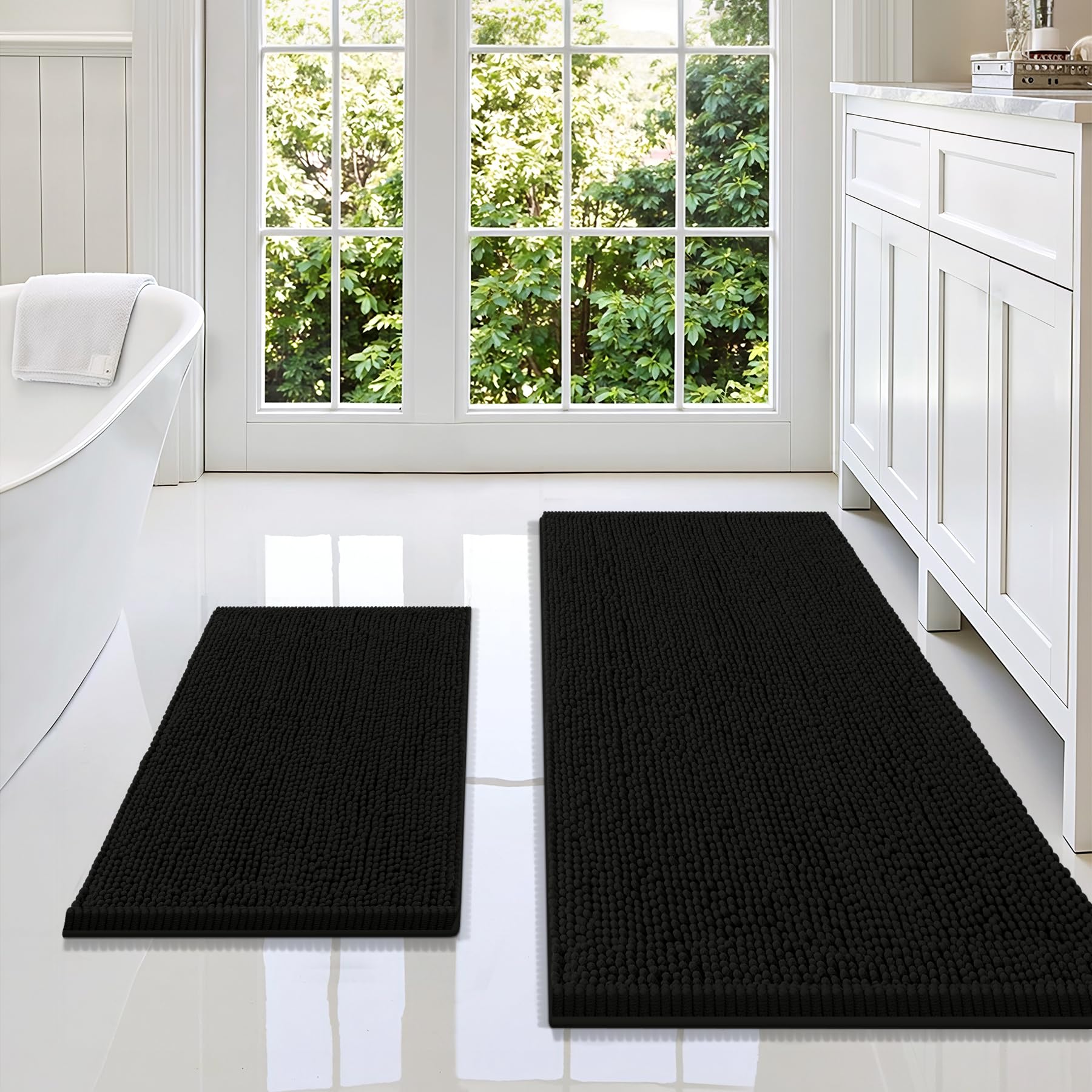 Smiry Bathroom Rugs Sets 2 Piece, Soft Absorbent Chenille Machine Washable Non Slip Shaggy Bath Rug Set for Tub, Shower, and Floor (47x20+24x16, Black