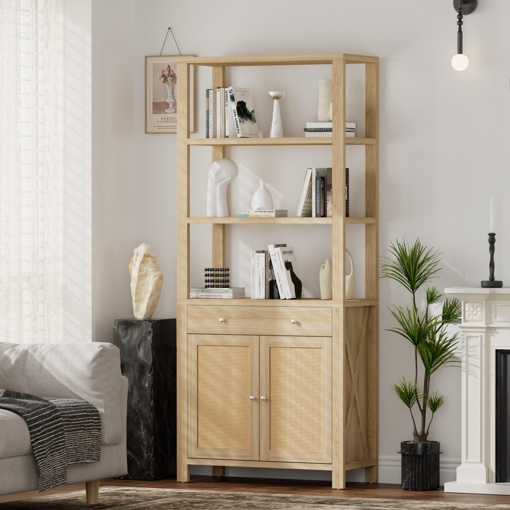 MECHYIN 71" Tall 5-Tier Bookshelf with Storage, Bookcase with Doors & Drawers, Rattan Boho Storage Cabinet with Doors and Shelves, Farmhouse Design for Living Room, Bedroom, Kitchen, Library(1 Piece)