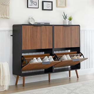 47" Fluted Large Shoe Cabinet with 4 Flip Drawers, Slim Freestanding Shoe Cabinet Organizer, Narrow Shoes Storage Rack for Entryway, 5 Sturdy Legs (Walnut with Black, 9.45" D x 47.24" W x 35.83" H)