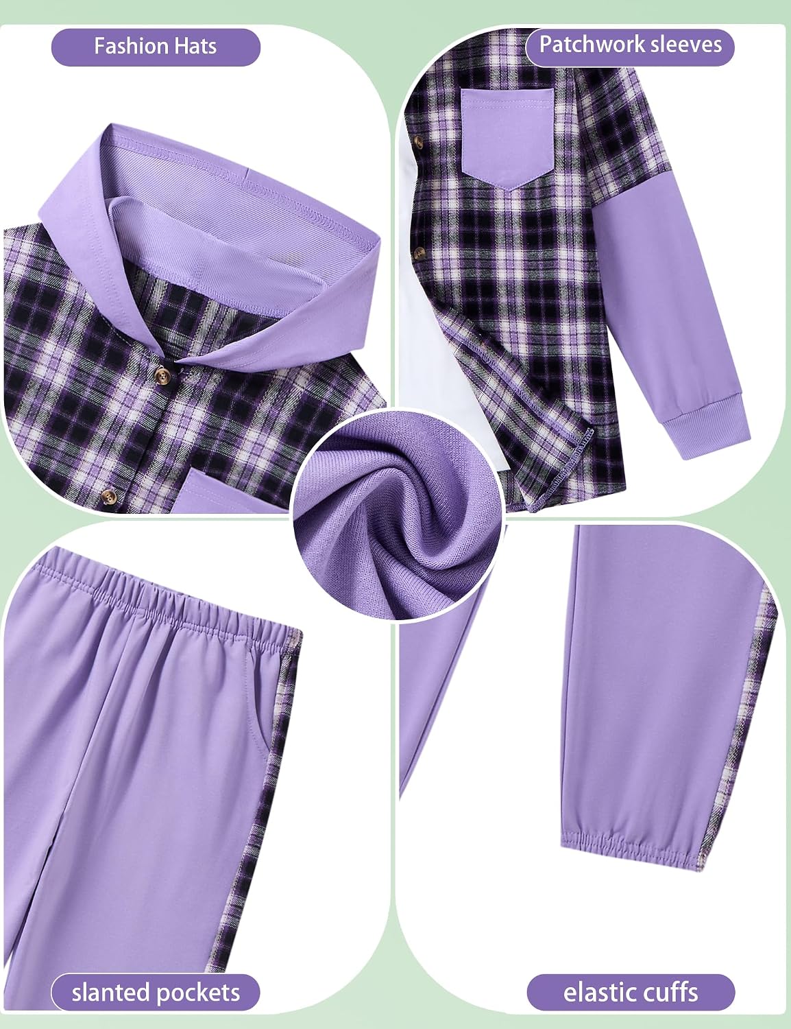 Girls Plaid Hoodie and Jogger Set 2 Piece Fall Winter Outfit 5-14Y