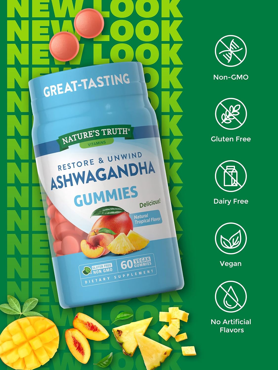 Nature's Truth Ashwagandha Gummies | Vegan, Non-GMO, & Gluten Free Supplement | 60 Tropical Flavor Gummies