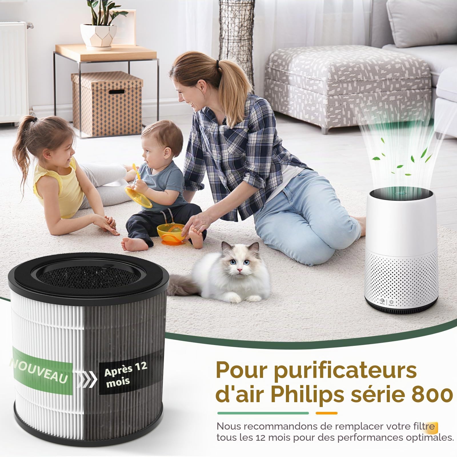 2 filtres de rechange compatibles avec Philips 800 Series - AC0830/10 AC0820/30 AC0820/10 AC0819/10, HEPA 3 en 1 H13 et charbon actif
