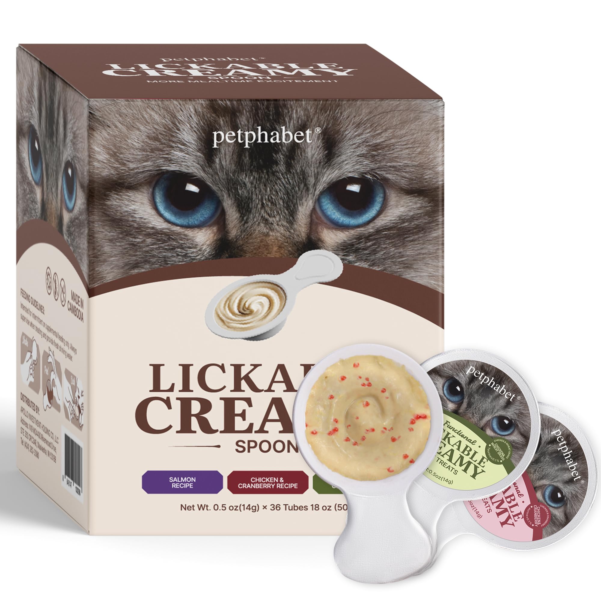 PETPHABET Lickable Cat Treats Spoon, 3 Flavors Variety Pack, 36 Count | Creamy Puree Kitten Treat, Functional Wet Paste, Skin Coat Support, Hairball Relief, Urinary Health, Grain-Free With Taurine