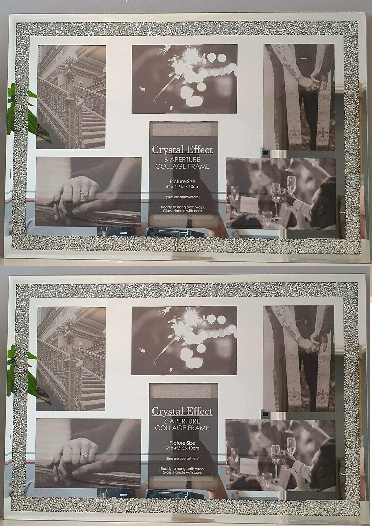 CAPRISTAR (PACK OF 2) Multi Aperture 6 Picture Photo Frame 6”x4” Hold 6 Picture Silver Mirrored Crushed Jewel Crystal Diamante