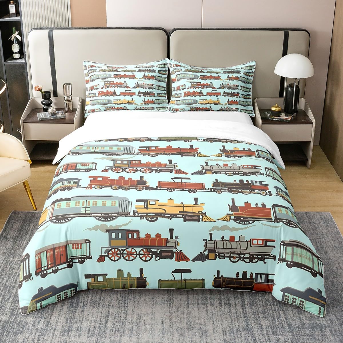 100% Cotton Colorful Train Duvet Cover Single Size for Kids Boys Teens,Cartoon Car 2 Pieces Duvet Cover,Blue Train Tracks Comforter Cover (Not Comforter),Transportation Vehicles Quilt Cover