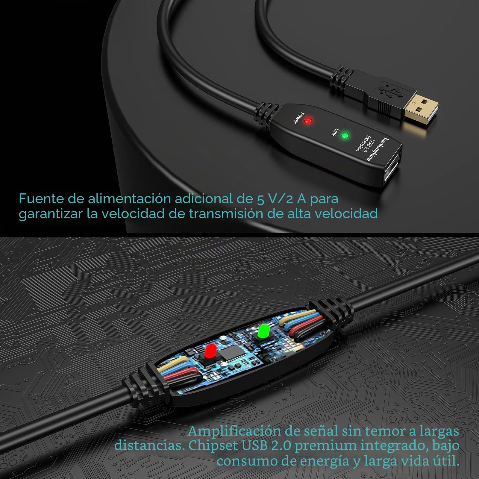 Cable alargador USB de 5 m, 10 m, 15 m ó 20 m. USB 2.0, repetidor activo, con conectores macho a hembra, cables largos con amplificador de señal (20m)