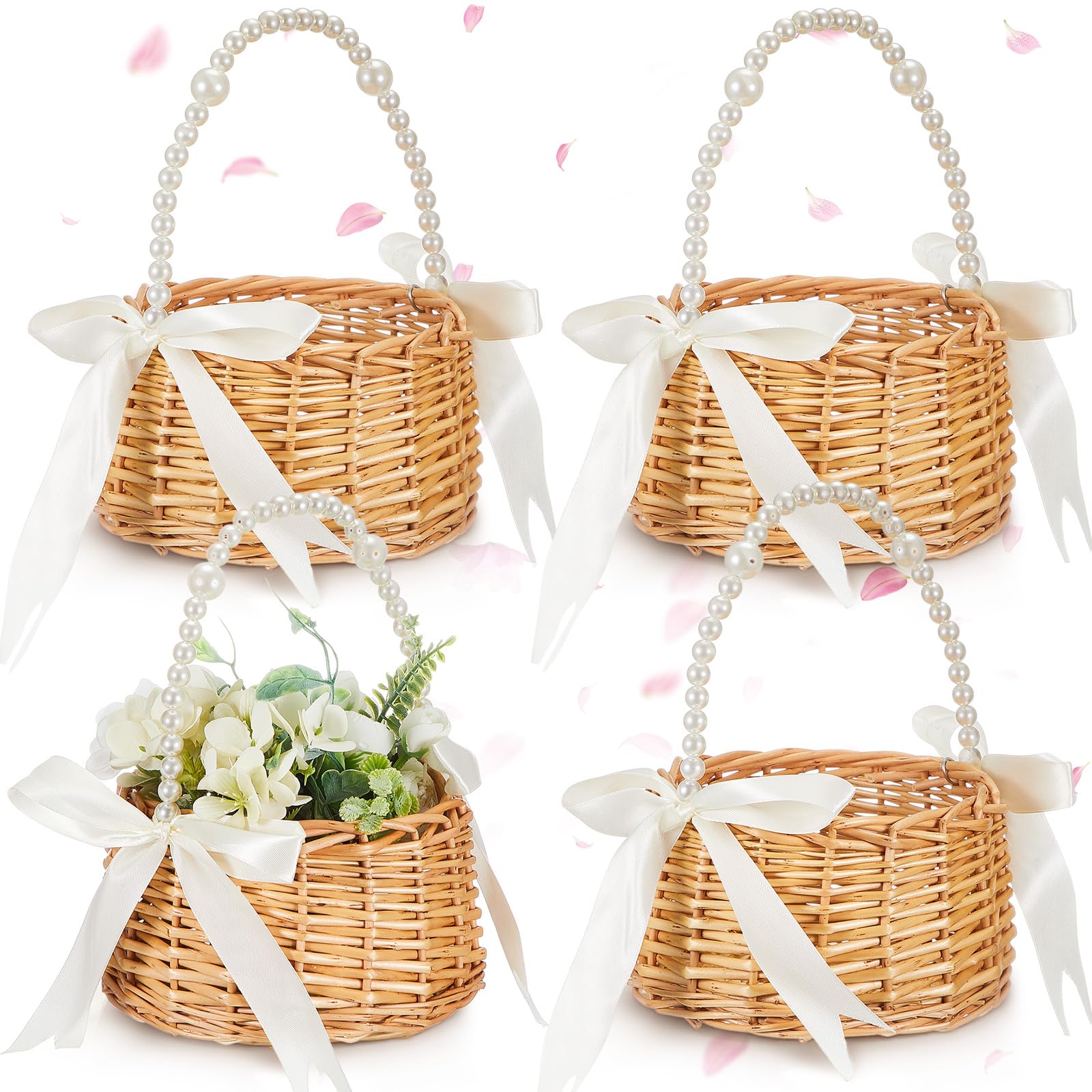 Thyle 4 Pcs Wicker Flower Girl Baskets Handled,White Ribbon,Pearls