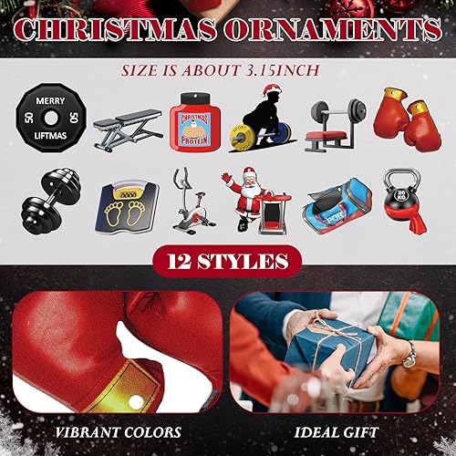 Miniatura 2 de Leinuosen Paquete de 36 Adornos Navideños de Levantador de Pesas de Madera Adorno de Mancuerna Navideña Adorno de Barra Navideña Decoración de Árbol