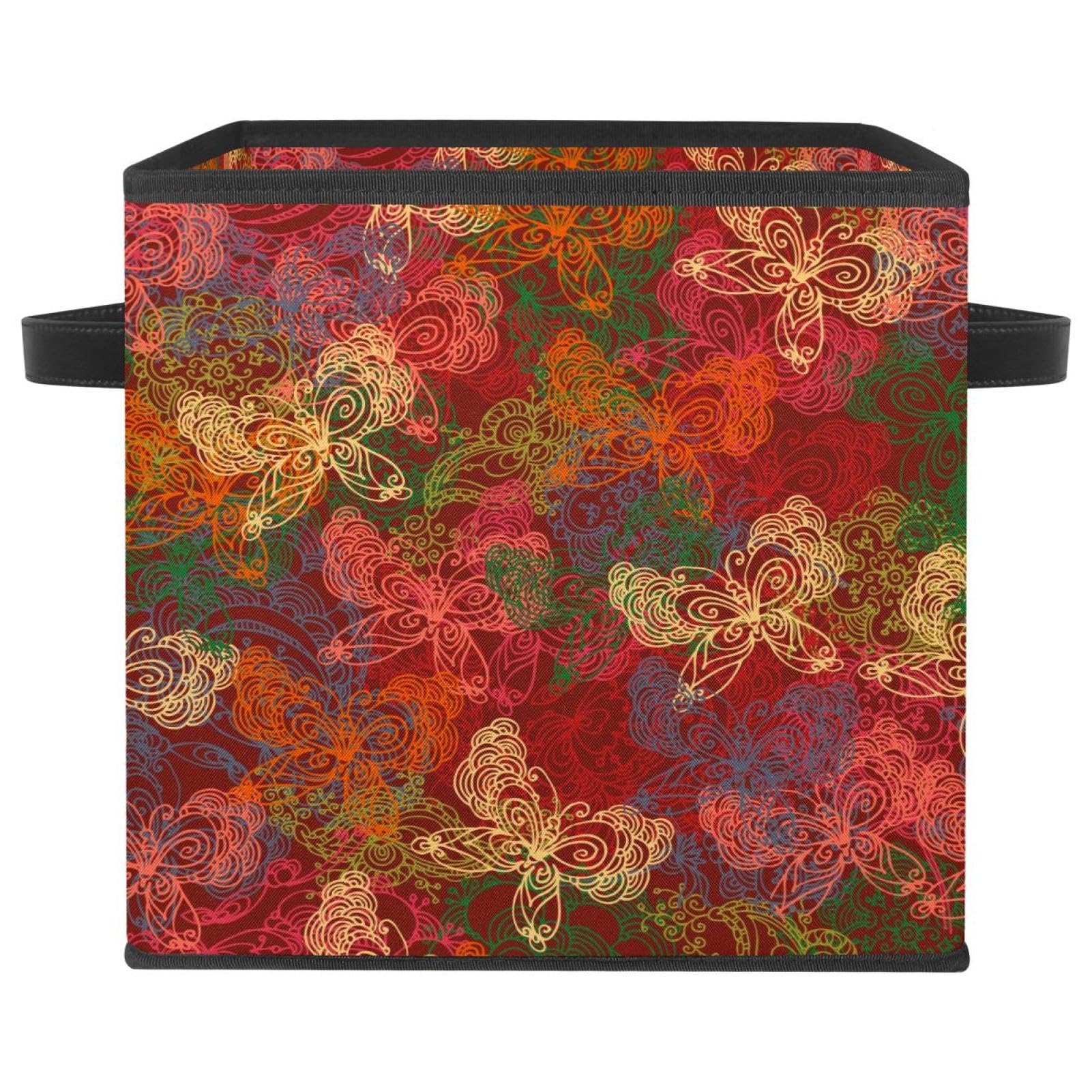 Boîte de rangement pliable papillon rouge en tissu cube avec poignées pour la maison