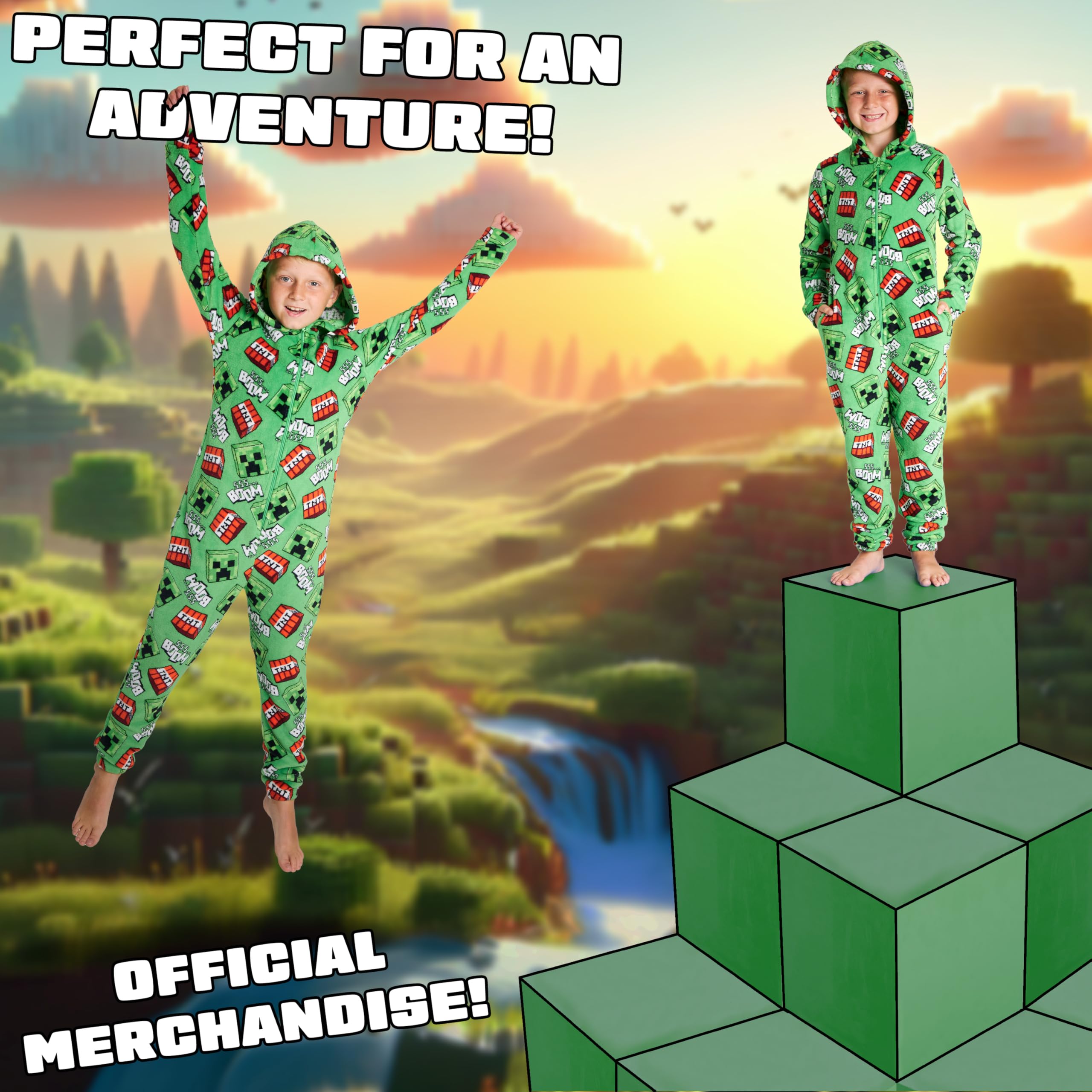 Minecraft Onesie Creeper Fleece Jumpsuit Sleepsuit Gamer Geschenk Schlafoverall mit Kapuze für Jungen