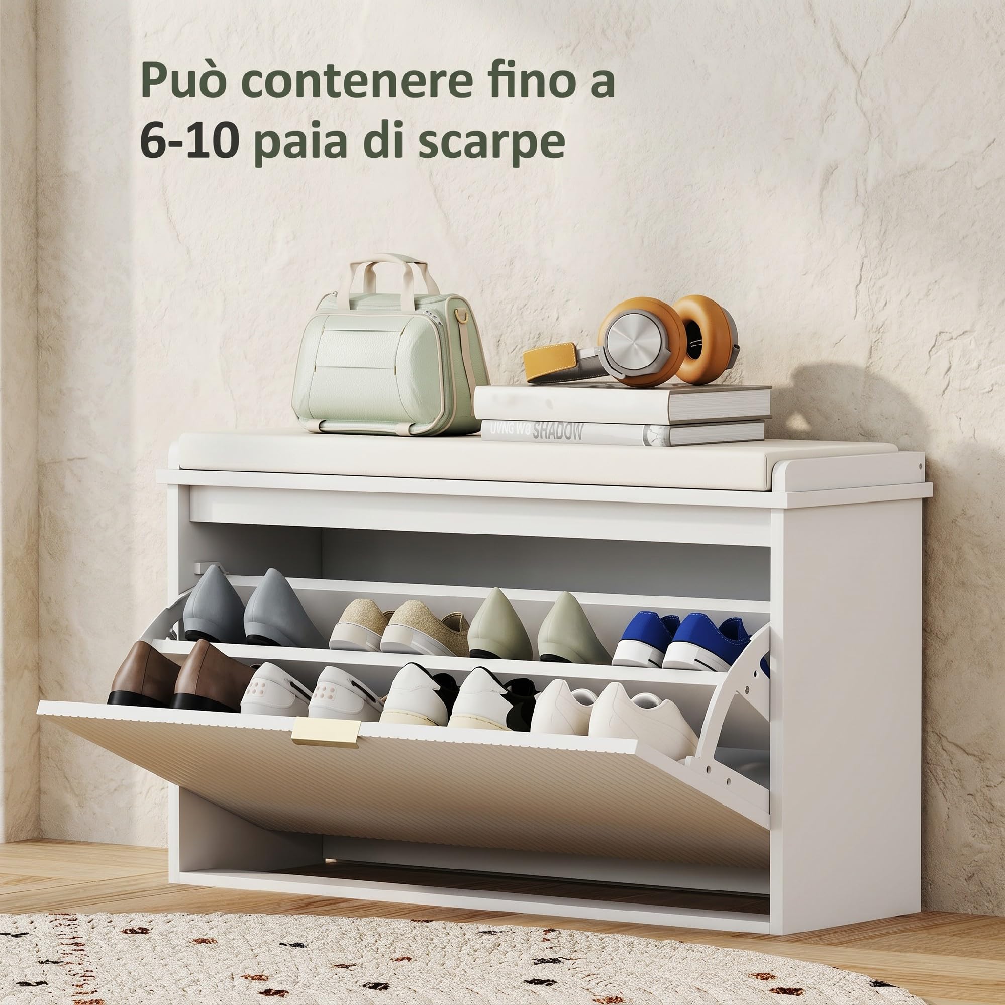 HOMCOM Panca Scarpiera Ripiano Regolabile, 80x26x47.5 cm, Bianco e Beige | Ripiano Interno Rimovibile, Mobile Scarpiera, Legno Effetto Lino e Tessuto