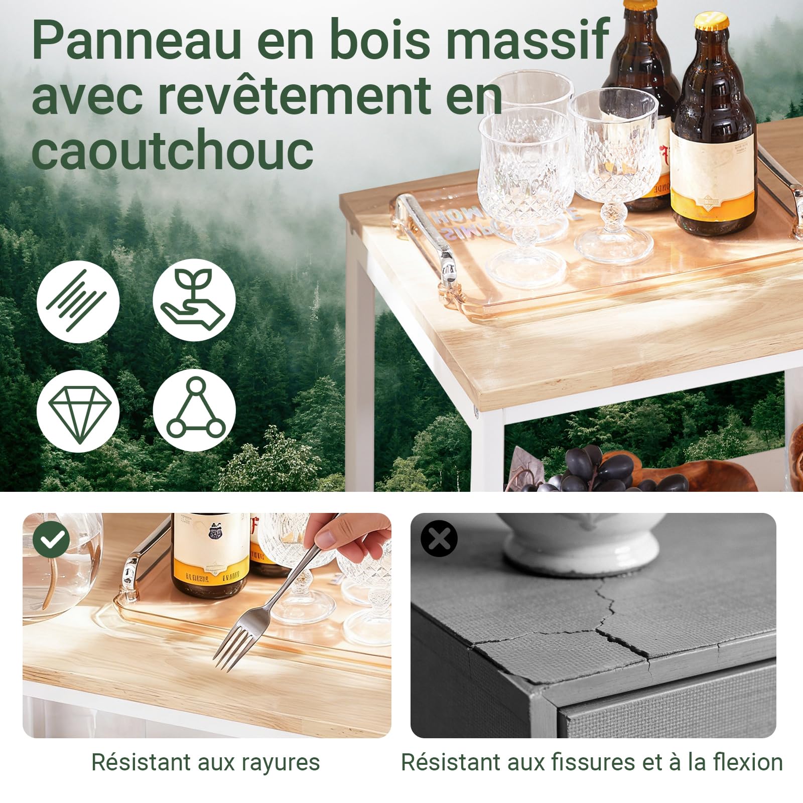 SoBuy Desserte Cuisine avec Freins, 2 tiroirs, 3 étagères, 89x53x37 cm | Chariot de Cuisine avec plan stable et poignée intégrée, 42 kg de charge, PB/métal, cuisine/maison, Blanc-Naturel, FKW111-WN
