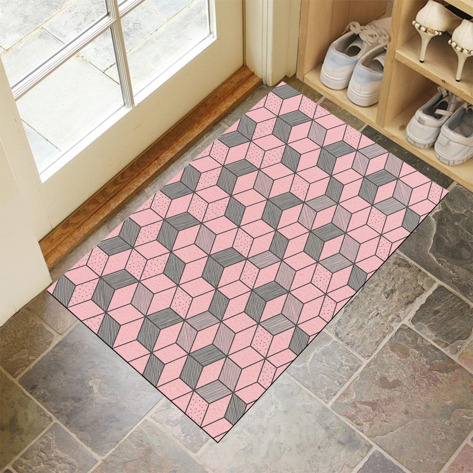Zerbino 90X150Cm Per Interni Ed Esterni, Texture Di Cubi Moderni, Tappetino Lavabile In Lavatrice, Zerbini Resistente Morbido Antiscivolo, Geometria Della Moda, Tappeto Ingresso, Rosa