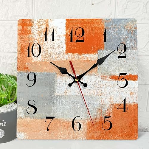 ArtSocket Reloj de pared de madera, silencioso, sin tictac, abstracto, naranja, gris, geométrico, minimalista, a cuadros, cuadrado, rústico,