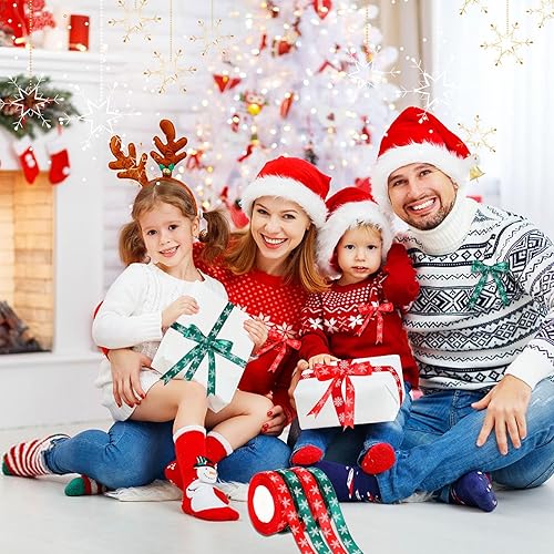 Miniatura 6 de DECYOOL - 4 rollos de cintas de Navidad de copos de nieve de 100 yardas para envoltura de regalos, cinta de satén roja y verde de 0.59 pulgadas de