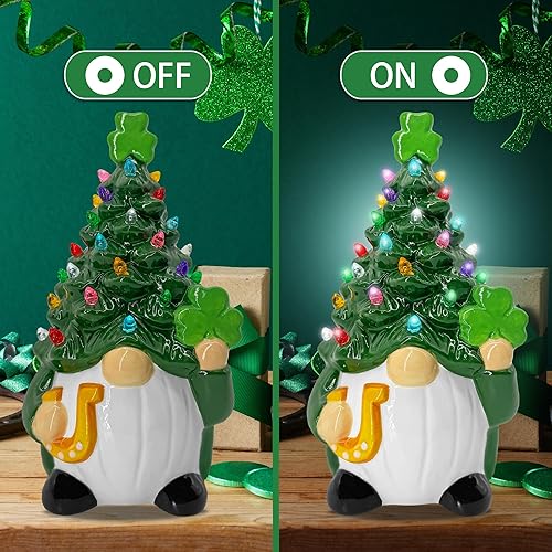 Miniatura 5 de Decoración de árbol de gnomo de cerámica del día de San Patricio, decoración de mesa de árbol de San Patricio para el hogar iluminada, decoración