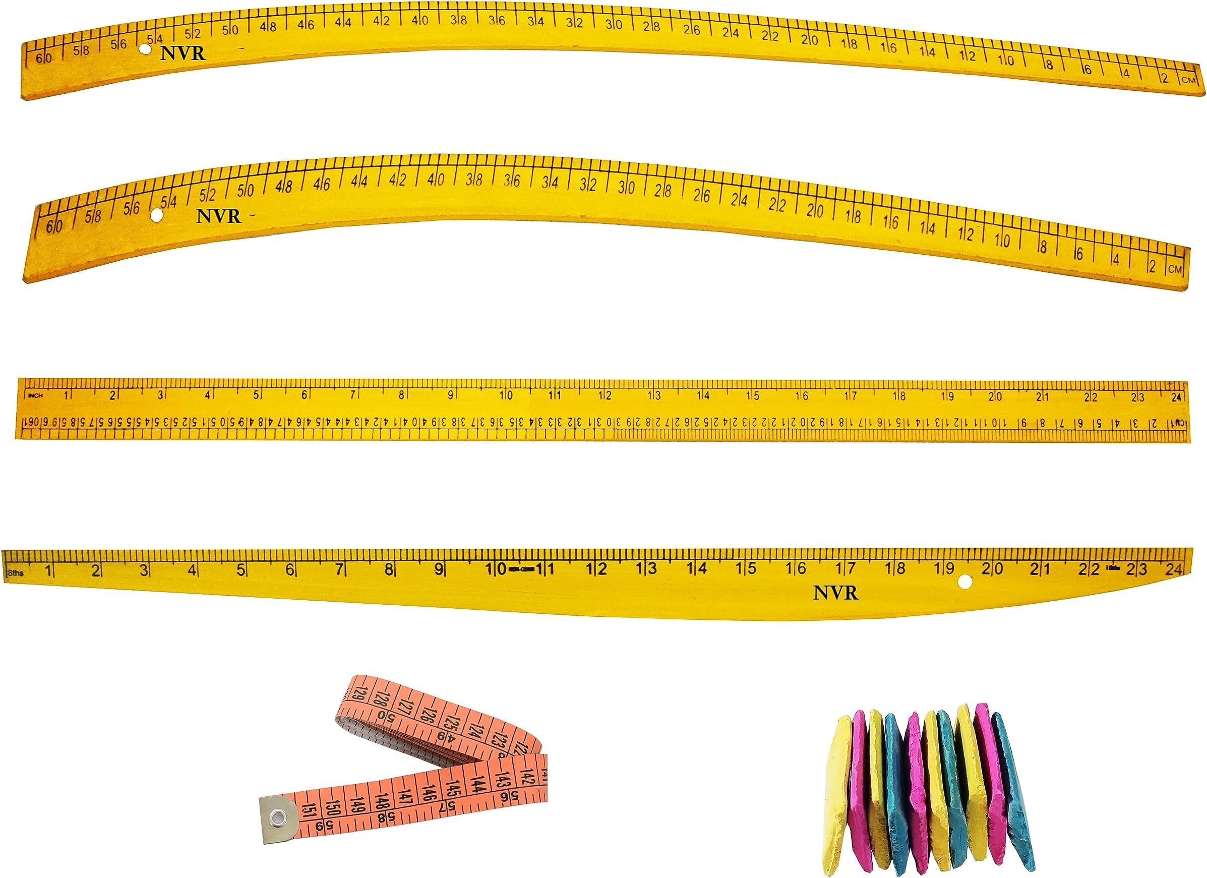 NVR Tailoring wooden Scales (4-shape) Combo, Hip Curve, Leg Curve, Straight, Arm curve, Chalk, Measuring Tape and 10 piece of chalk