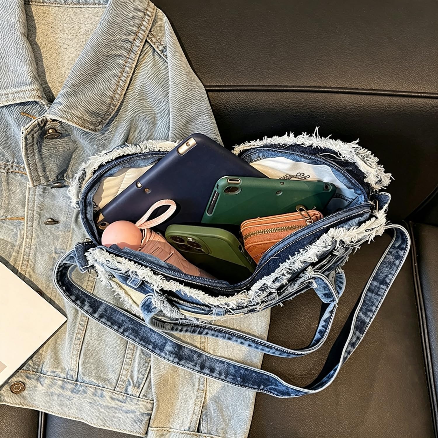 Borsa A Spalla Da Donna In Denim, Un'elegante Borsa Mano Forma Cuore Dal Sapore Rétro,Caratterizzata Design Patchwork Denim;Borsa Tracolla Stile Y2K, Perfetta Diverse Occasioni Casual