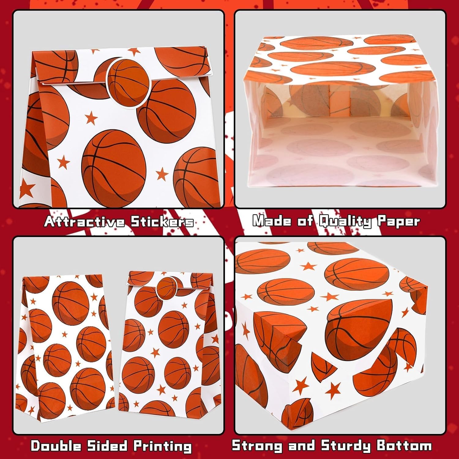 FEBSNOW Basketball Gift Bag 20 Pack Basketball Party Favor Bags Sport Treat Candy Goodie Paper Bag with 20 Stickers Basketball Snack Bags for Team Birthday Party Supplies - Image 3