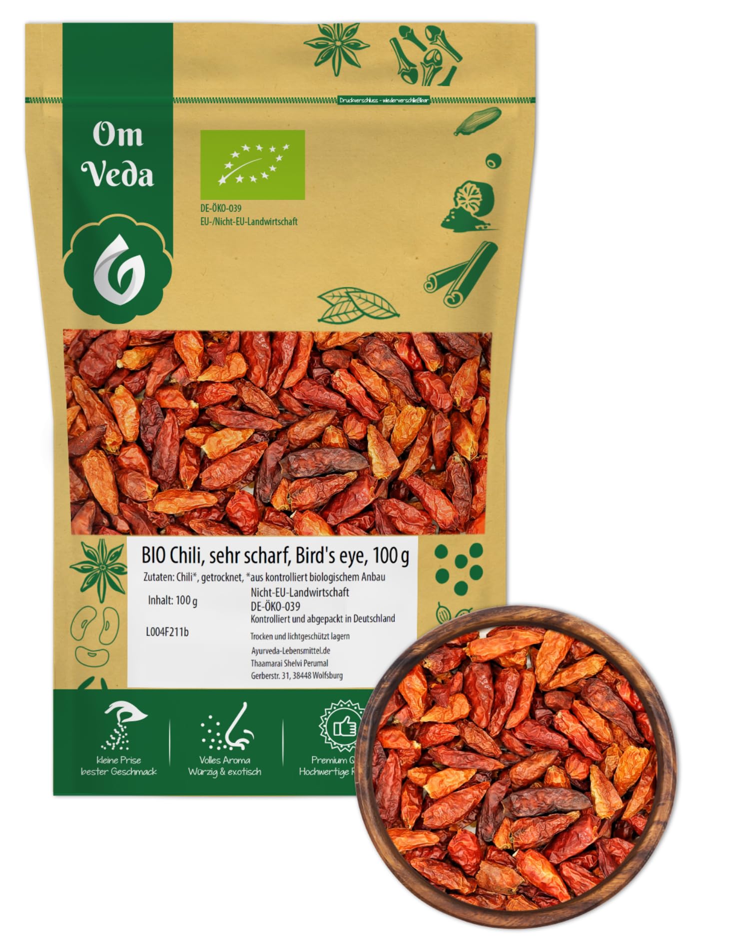 BIO Chilischoten ganz | Birds Eye Sorte | Rote, getrocknete Schoten mit Schärfegrad 9 | Sehr scharf & aromatisch | Im Aromaschutzbeutel – 100g