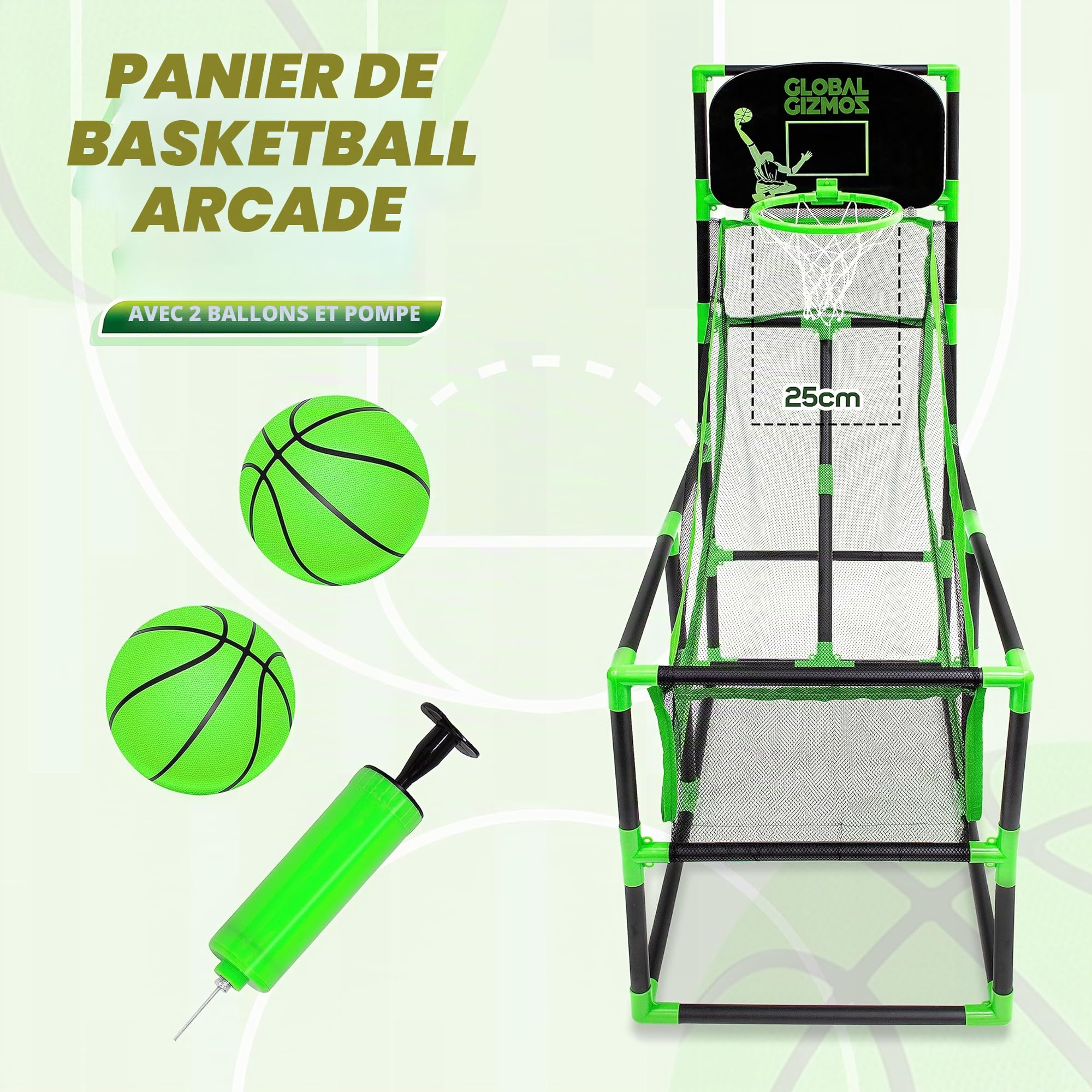 Global Gizmos 55639 Panier de Basket-Ball d'arcade/intérieur/extérieur/Facile à Assembler/2 balles et Pompe incluses/Jeux pour enfants/86 cm x 46 cm x 139 cm