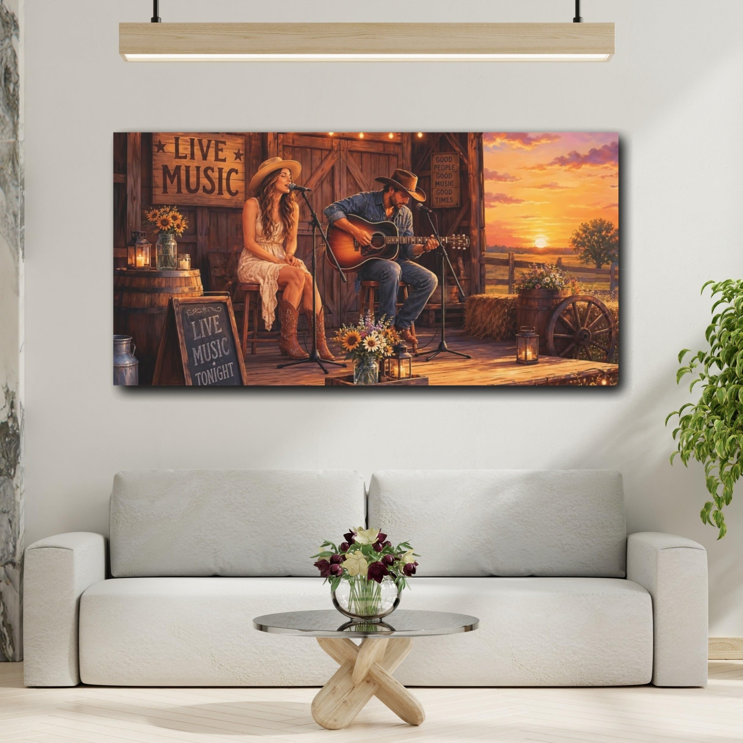 Vintage Live Music Country Sunset Canvas Print – Living Room, Above Console Table, Warm Tones 30×15 inch (75×37 cm) - Horizontal / 1.25 inch (3 cm)